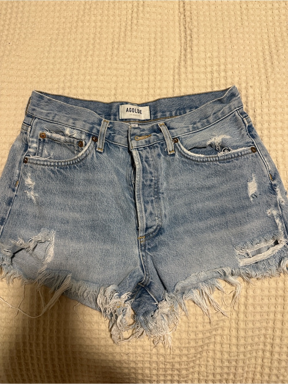 Agolde Light Wash Distressed Denim Cutoff Shorts